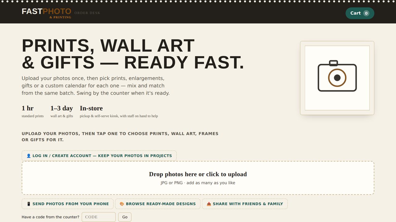 The Fast Photo ordering page: upload photos and choose prints, wall art or gifts